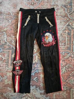 Black Track Pants with Red & White Side Stripes and Eagle Patch